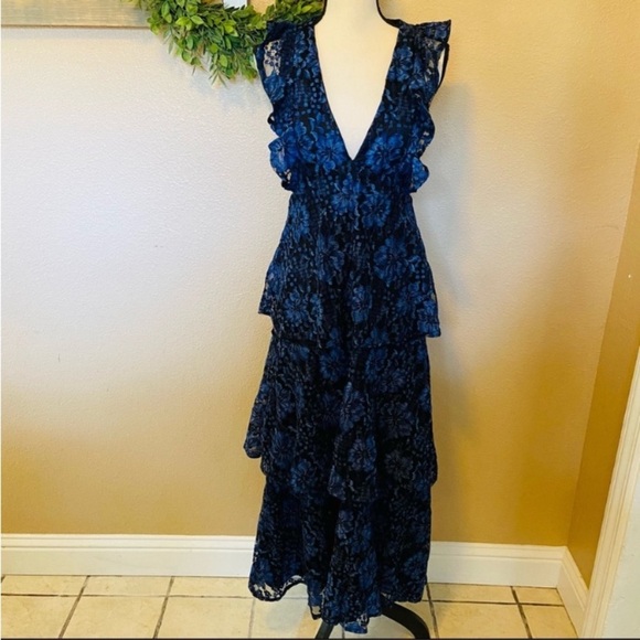 NWOT Lulus Molinetto Navy Blue Lace Ruffled Tiered Sleeveless Maxi Dress - Picture 7 of 10